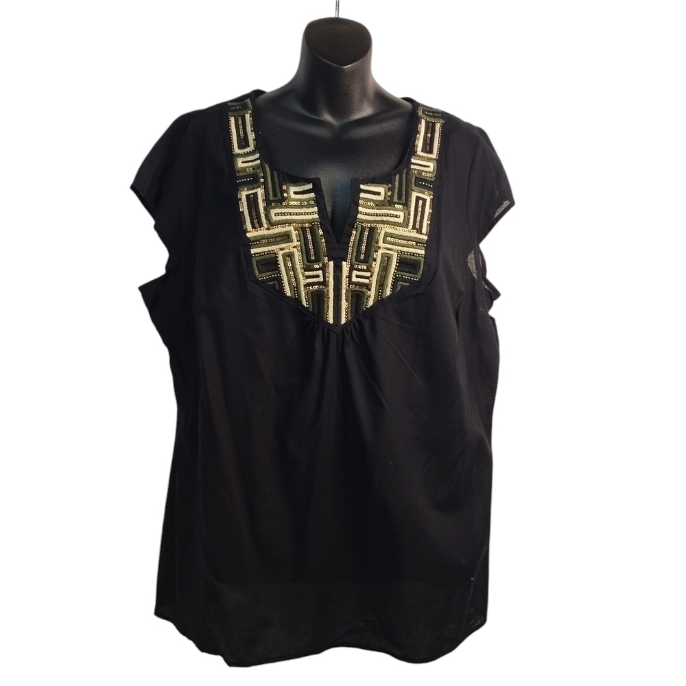 St. John's Bay Blouse Women's Black Embroidered V-Neck Top Blouse Sz 1X NWT